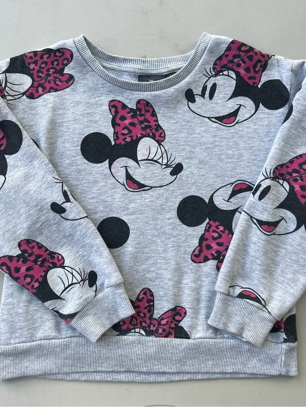 Disney Girls Gray Pullover Sweatshirt with Pink Leopard Minnie Print